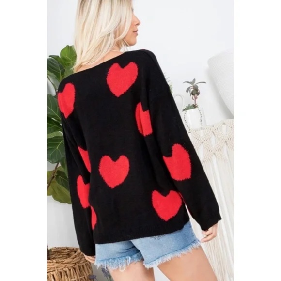 Black Red Multi Heart Knit V-Neck Valentines Day Long Sleeve Relaxed Sweater - Picture 9 of 10
